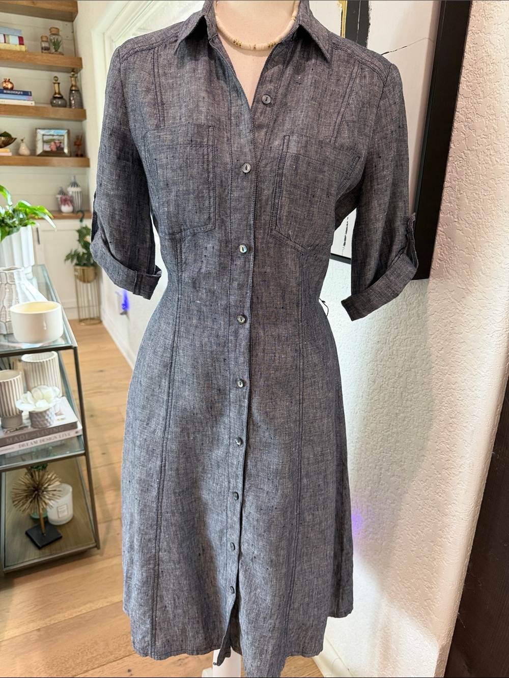 Max Studio Chambray-Style Linen Midi Dress in Heather Charcoal/Blue XS With Belt